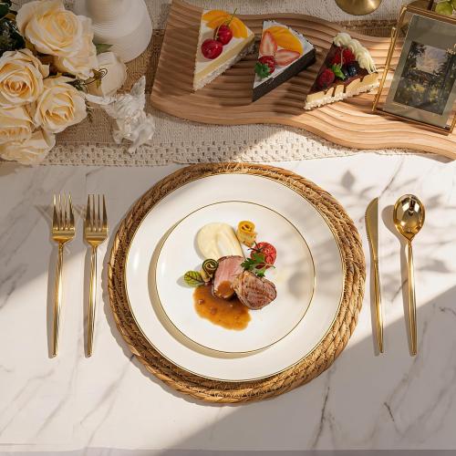 Ivory Plastic Plates with Gold Rim,Nice Disposable plates,Gold Plastic Plates,Ivory Disposable Plates Set include 30 Dinner Plate,30 Dessert Plates