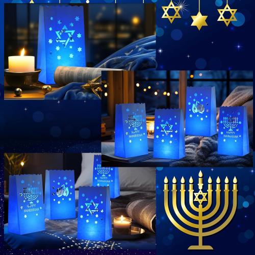 36 Set Hanukkah Decorations Blue Luminary Bags with Flameless Candles Chanukah Luminary Bags with Battery Tea Lights Happy Hanukkah LED Moisture-Proof Lanterns Jewish Holiday Decor Gifts
