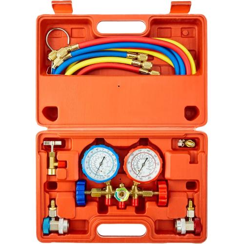 Orion Motor Tech 3 Way AC Diagnostic Manifold Gauge Set for Freon Charging, Fits R134A R12 R22 and R502 Refrigerants, with 5FT Hose, Tank Adapters, Adjustable Couplers and Can Tap