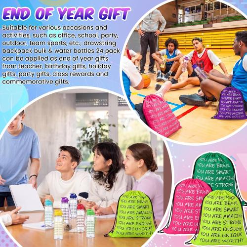 End of Year Gift 17 oz Motivational Plastic Water Bottles Bulk and Drawstring Backpack Set Rainbow Colored Inspirational Teacher Gifts Set Back to School Party Favor Supplies