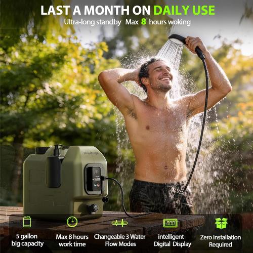 Portable Shower for Camping Leak-Proof Electric Cordless Power Camp Shower Pressure Washer with Water Tank 5 Gallon Outdoor for Garden Pet, Max 8 Hours Working & Installation-Free
