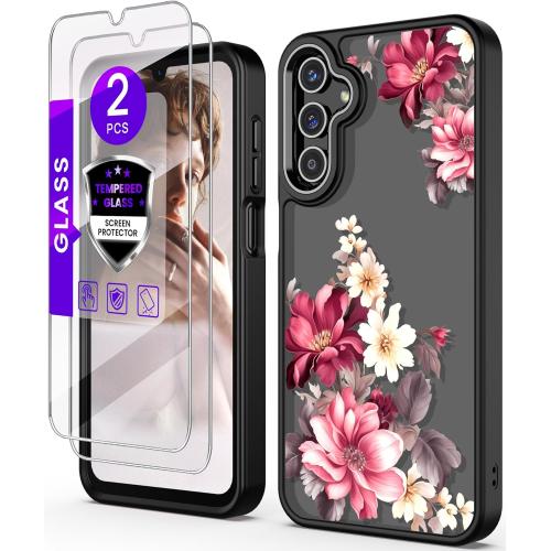 for Samsung Galaxy A25 5G Case Tempered Glass Screen Protector,Military Grade Protective Slim Soft TPU & Hard PC,Girls Women Crystal Clear Flower Pattern Case Cover for A25 5G-Black