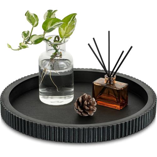 Hanobe Black Decorative Coffee Table Tray, Scalloped Edge | 12 round wood centerpiece tray, ideal for living room, entryway table, kitchen island, fits modern decor.