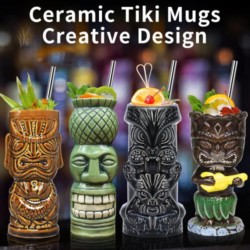 Tiki Glasses for Cocktails Mugs Set of 4 Ceramic Party Cups Bar Decor Creative Large Hawaiian Drinking Bar Decorations Vintage Tropical Drinkware Barware 4 Packs