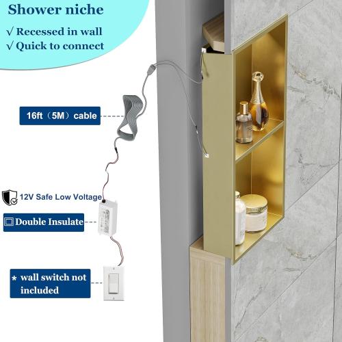 Neohomee 2-Tiers 12x24 Shower Niche with LED Light Strips, Golden Recessed Wall Cabinet, Stainless Steel Wall Niche for Shower Wall, Waterproof NO Tile Needed Storage Organizer (3000K LED Light)