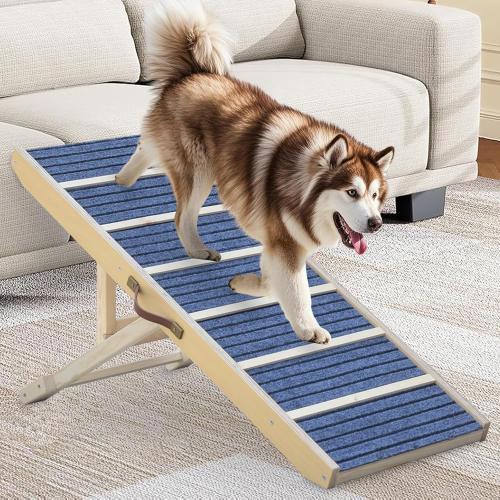 Dog Ramp for Bed, Upgraded 46.8 Long Portable Dog Ramp for Couch, Wood Folding Pet Ramp for All Breeds Large Old Dogs to Get on Bed, 5 Adjustable Heights 14.8 to 26.2 (Wood, Up to 150lbs)