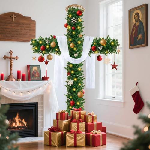 76 Inch Cross Christmas Tree with 2 Lights Strings and Garland Jesus Christ Catholic Cross Decor Decoration Foldable Xmas Tree for Indoor Outdoor Holiday, Yard, and Church Nativity Scene Decor