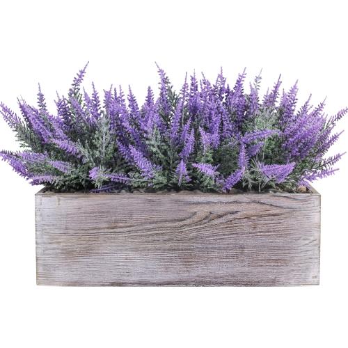 Fake Lavender Flower Arrangement in Rustic Rectangular Wood Planter Box Artificial Potted Lavender Plant for Gifts Farmhouse Wedding Centerpiece Kitchen Windowsill Table Shelf Indoor Greenery Decor