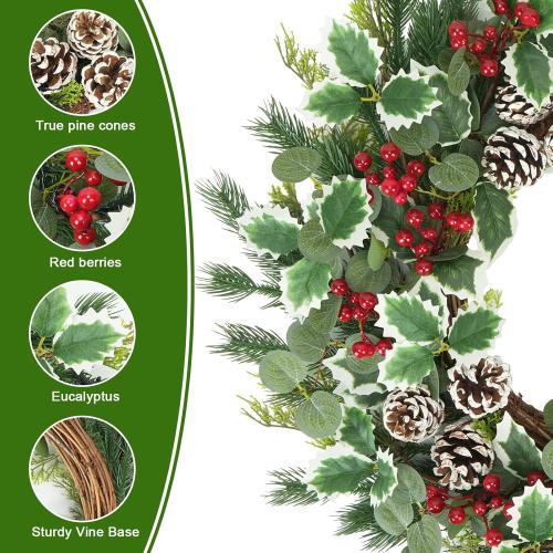 22 Inch Pre-lit Christmas Wreath for Front Door, Artificial Outdoor Christmas Wreath with 50 LED Lights, Real Pine Cones Red Berries Winter Xmas Wreaths for Indoor Porch Party Decorations