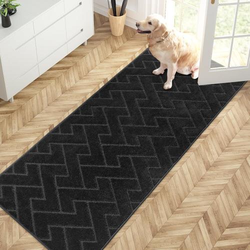PURRUGS Dirt Trapping Door Mat 32 x 70, Non-Slip Machine Washable Entry Rug, Shoe Scraper, Dog Doormat, Super Absorbent Welcome Mat for Front & Back Door, Muddy Wet Shoes & Paws, Black