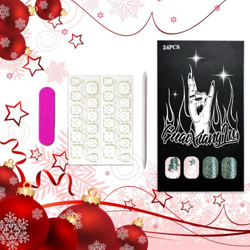 Christmas Press On Green Glitter Gnome Glue On Medium Square False Nails - Winter Xmas Acrylic Nails for Women & Girls