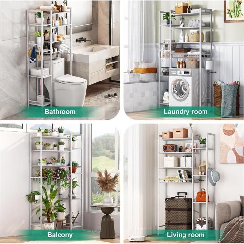8-Tier Over The Toilet Storage with Side Rack, Over Toilet Storage Rack with Adjustable Shelf & Drain Basket, Freestanding Bathroom Organizer for Balcony, Laundry (Pure White)