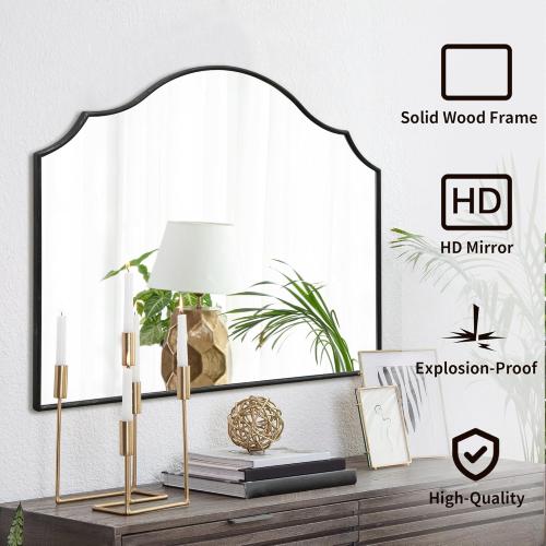 Besdomus Scalloped Arched Mirror for Mantel: 35x26 Black Modern Wooden Wall Mirror - Minimalist Decorative Dresser for Vanity/Bathroom/Bedroom/Fireplace/Living Room/Entryway - Stylish Home Decor