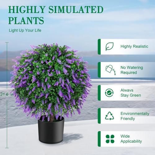 21.6“ Artificial Lavender Topiary Ball Trees Set of 2, UV Protected Outdoor Faux Potted Plants with Cement Pot, Evergreen Shrubs Bushes for Front Door Porch Garden Backyard