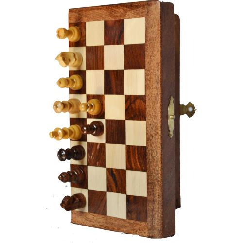 Handmade Wooden Rosewood Foldable Magnetic Chess Game Board with Storage Slots, 7 Inch