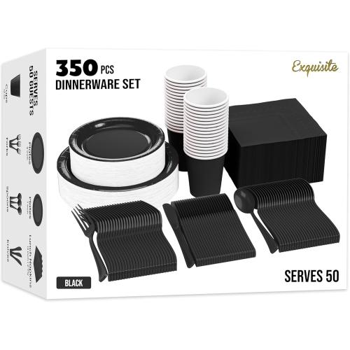 Exquisite 350 Pcs Black Paper Plates For Party, Black Disposable Plates Set, 50 Of Each 9 Dinner Plate Set, 7 Dessert Plate, Cups, Napkins & Cutlery Paper Dinnerware