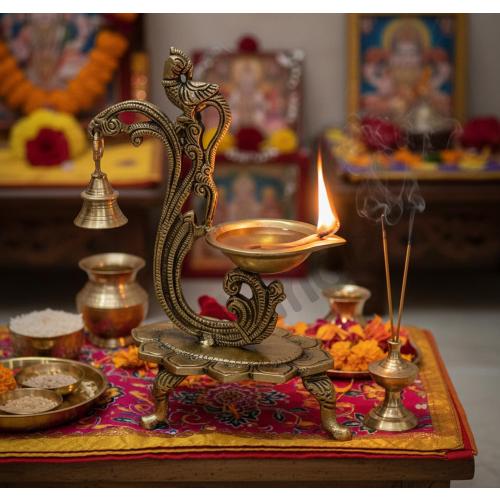 eSplanade - 8 - Peacock Diya with Bell - Lotus Shaped Round Brass Diya | Oil Lamp Deepam | Home Decor | Kuthu Vilakku | Oil Lamps for Home and Office