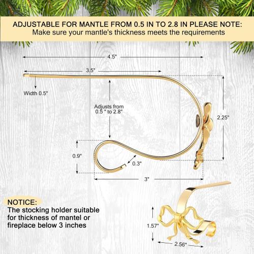 4 Pcs Christmas Bow Stocking Hangers Holder Mantle Metal Hooks Gold Christmas Stocking Clips Classic Shelf Garland Hangers for Counter Window Fireplace Xmas Party Decoration