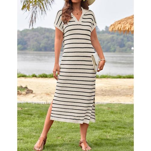 ZESICA Women's Summer Striped Midi Dress 2025 Casual Short Sleeve V Neck Loose Knitted Side Slit Long Sweater Dresses