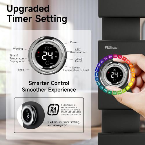 P&Bhusri Electric Heated Towel Rack, Black Towel Warmer with Adjustable Temperature (98–149°F) and Timer (1-24h, On), Fast Heating and Drying for Bathroom, Memory & Remote Control Compatible