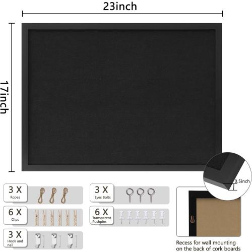 Cork Board with Linen Black,Bulletin Board 23x17, Corkboards for Office Home School Message Board or Vision Board Decoration.