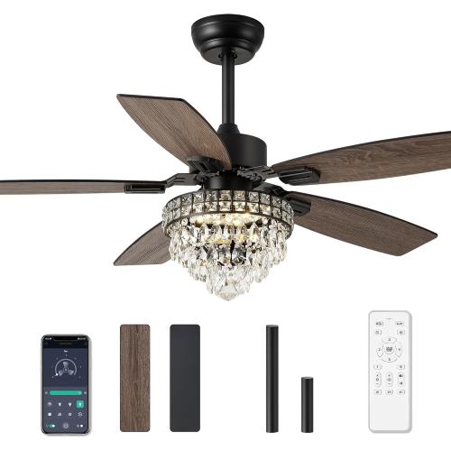 Chandelier Ceiling Fans with Lights and Remote,42in Chandelier Fan Ceiling,Crystal Ceiling Fan Fandelier with Lights,6 Speed 3 Timer Quiet Ceiling Fan for Bedroom (Black, 52 Inch)