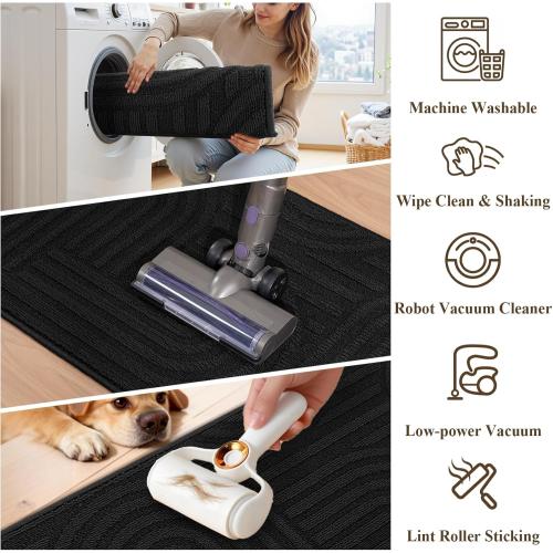Kitchen Rugs and Mats Set of 3, Non Skid Washable Black Geometric Kitchen Mats for Floor, Absorbent and Stain Resistant Floor Mat for Laundry,