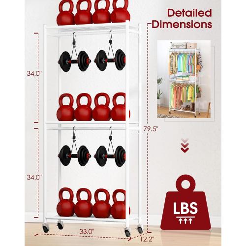 Sakugi Clothes Rack - 33.0 x 12.2 x 79.5 Clothing Rack with Shelves & Wheels, Multi-Functional Wardrobe Closet with Hooks, Sturdy Metal Garment Rack for Bedroom, Laundry, Balcony (White)