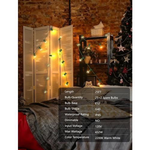 SUNSGNE 25Ft Christmas Round Lights, G40 Globe String Light with 27 Clear Bulbs, UL Certified for Outdoor Indoor Garden Party Wedding Pergola Backyard Patio Xmas Decoration, Green Wire