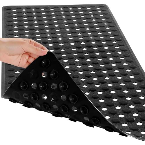 Yimobra Bath Tub Mat Non Slip, 34.5x15.5 Long Shower Mat, Machine Washable Bathmat with Drain Holes and Suction Cups, Soft on Feet, Bathroom Essentials, Black