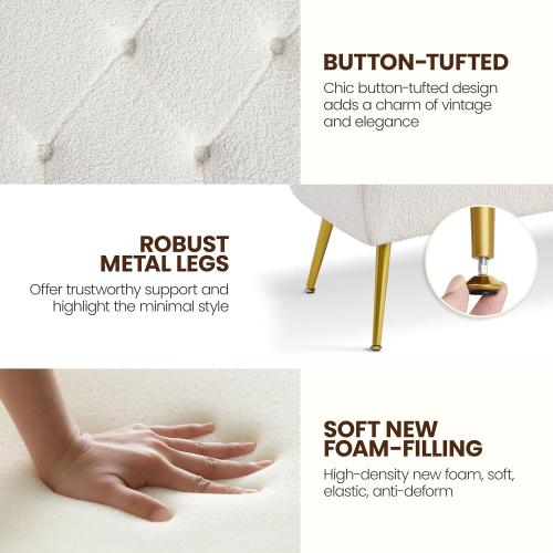 Yaheetech Modern Ottoman Bench Boucle Bench Upholstered Footrest for Living Room with Gold Metal Legs and Padded Seat Ivory