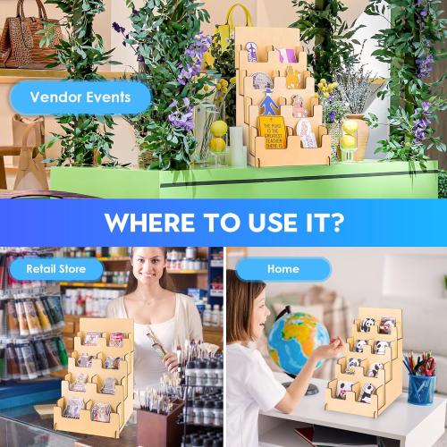 4 Tier Wooden Small Card Display Rack, 8 Shelf Portable Retail Sticker Rack, Tabletop Display Stand For Vendor Events, Tradeshows