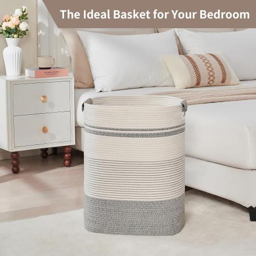 AINUOQI Laundry Basket with Handles - Blanket Basket & Hampers for Bedroom Aesthetic, Laundry Hamper & Blanket Storage for Living Room, Clothes Hamper, Tall, Large 17 x 14 x 22”, Grey & White