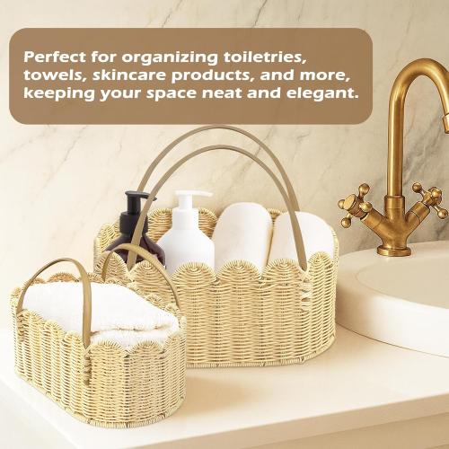 Rattan Picnic Basket with Handle, Wicker Picnic Basket with Scalloped Edge, Garden Harvest Basket, Woven Baskets for Vegetable & Fruit, 2 Pack