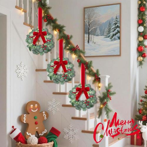 6 Pack 12 Inch Mini Christmas Wreath Small Christmas Kitchen Cabinet Wreaths with Red Bow Eucalyptus Leaves Flowering Boxwood Branches Red Berry Xmas Wreaths for Windows Door Wall Stairs Home Decor