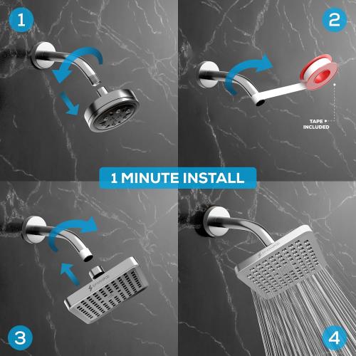 SparkPod Rain Shower Head, 6 Inch Square, Luxury Polished Chrome Finish | High Pressure Shower Heads, 90 Nozzles, Adjustable Showerhead, No Tools Needed, Universal Connection