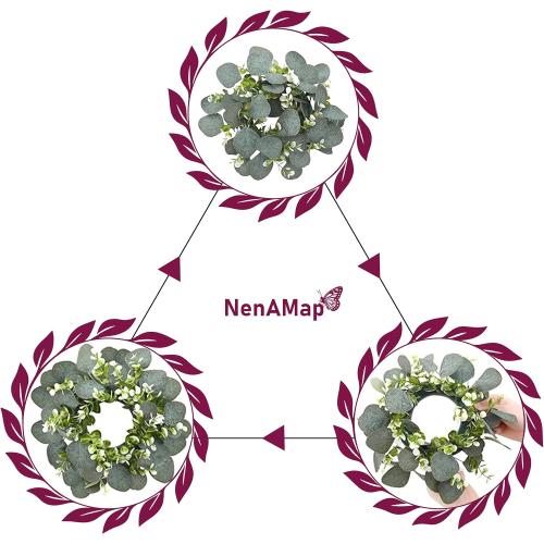 20 Pcs Artificial Eucalyptus Candle Rings, Boho Wedding Candle Holder Wreaths with Green Leaves, Decorative Pillar Candle Rings for Centerpieces and Home Decor