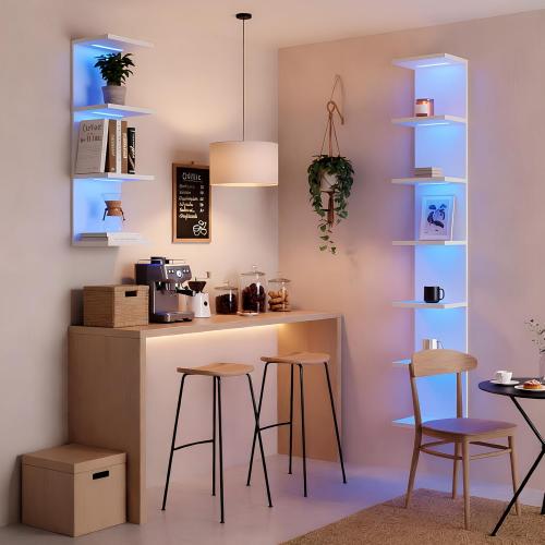 VIWODS 7 Tier Wall Shelf with Lights, White Lack Wall Shelf, Display Floating Shelves with Remote Control for Home Decor Bedroom Vanity