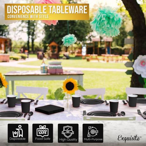 Exquisite 350 Pcs Black Paper Plates For Party, Black Disposable Plates Set, 50 Of Each 9 Dinner Plate Set, 7 Dessert Plate, Cups, Napkins & Cutlery Paper Dinnerware