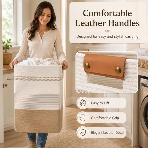 Laundry Hamper, Cotton Rope Laundry Basket with Leather Handles, 21.1-Gallon/80 L Large Clothes Hampers for Laundry, Handwoven Laundry Baskets for Blankets, Children Toys, Bedroom, Living Room