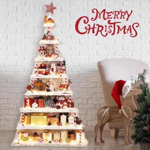 8 Tier Christmas Village Display Shelves 5.2ft Large Christmas Tree Corner Shelf a Shaped Bookcase with 8 Pcs Artificial Snow Blanket LED String Light Xmas Display Stand for Holiday