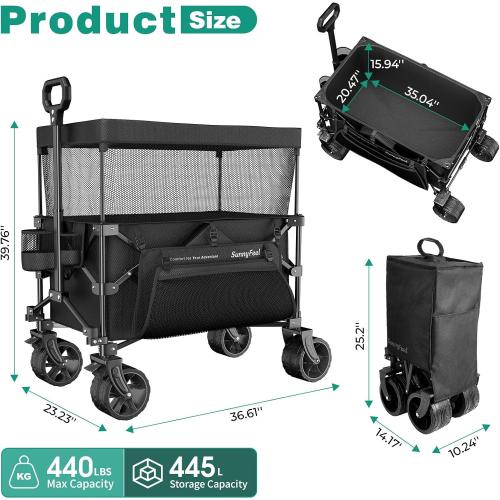 SUNNYFEEL Foldable Wagon Cart with Canopy - 445L Extra Large | 440 LBS Heavy Duty Utility Cart with All-Terrain Wheels, 3-in-1 Portable Wagon for Garden, Grocery, Camping, Beach, Shopping