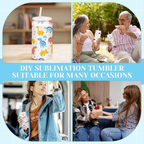 6 Set Sublimation Tumbler with Lid and Straw 16 oz Sublimation Insulated Cup Stainless Steel Cup with Packing Box Ribbon Transparent Handbag for Iced Coffee Juice Soda(White)