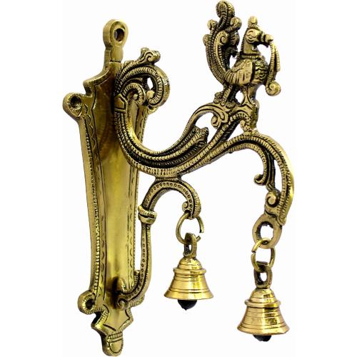 eSplanade Brass Wall Bracket Wall Hanger for Hanging Diya Lamp | Wall Decor | Peacock with Bells - 8.5 Inches