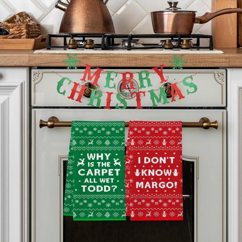 Christmas Vacation Decorations, 2Pcs Funny Holiday Kitchen Towels, Griswold Family Cousin Eddie Christmas Vacation Merch, Xmas Bathroom Hand Towels - Why is The Carpet All Wet? I Don't Know Margo