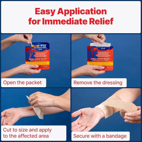 BurnFix® - 4 Pack-Burn Gel Dressing 4 x 4 Burn Care Cream First Aid Treatment. Immediate Pain Relief Hydrogel Burn Dressing for 1st, 2nd Degree Burns, Razor & Sunburns for Home, Work, Fire, EMS