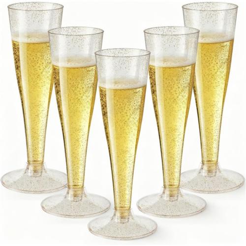 40 Pack Champagne Flutes Plastic Wine Glasses Disposable, 4.5 Oz Gold Glitter Mimosa Glasses for 2026 Engagement Wedding Birthday Bar Soccer Football Party Supplies, Bulk Toasting Cocktail Cups