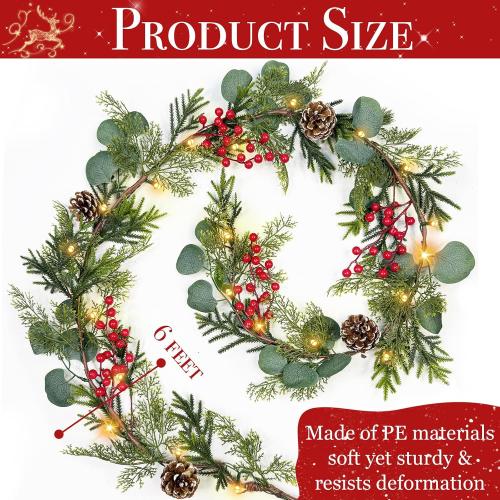 6 Ft Prelit Christmas Cedar Garland, Real Touch Christmas Garland with Lights, Realistic Soft Cypress & Eucalyptus Pine, Red Berries Pinecones,Battery Operated Garlands for Fireplace Mantle Table