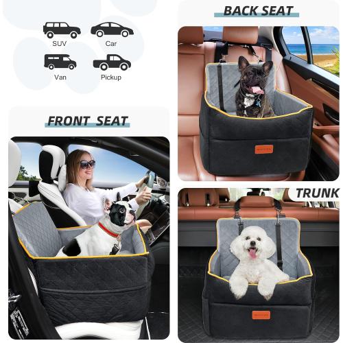 Small Dog Car Seat, Memory Foam Dog Booster Seats with Thick Cushion for Medium Dogs Under 35lbs, Detachable Washable Pet Car Seat Bed with Storage Pockets,2 Safety Belts