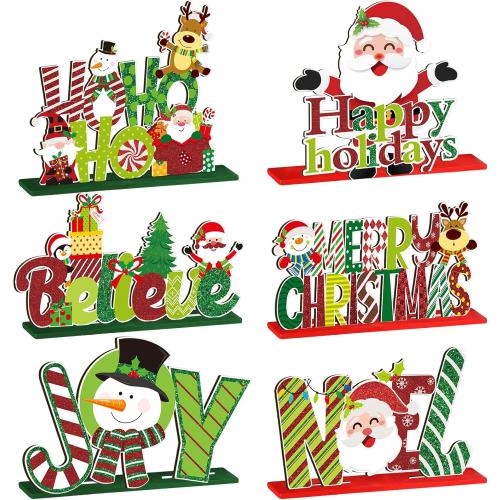 Hoolerry 6 Pcs Christmas Table Decorations Wooden Christmas Snowman Santa Table Centerpiece Reindeer Noel Joy Believe Merry Home Tabletop Signs Xmas Toppers for Kitchen Xmas Holiday Party Supplies